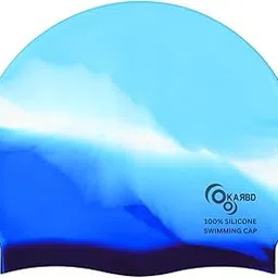 KARBD Silicone Swimming Cap Unisex Soft Waterproof Swimming Pool Head Cap Water Sports Hat for Children Kids Adults Men Women Boys Girls of All Age (Universal Size, Light Blue,White & Dark Blue)-image-0