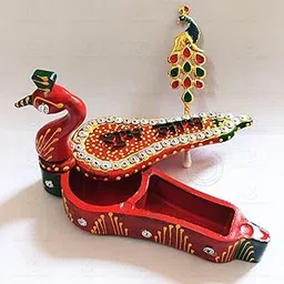 GoodleyIndia Wood Roli Tika Chopra in Peacock Shape Meenakari Work Kumkum Box, Mor Design Chopda (1 Chopda Box, 1 Tilak Stick) Pooja Item Storage Red-picture-19