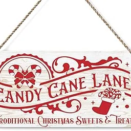 Candy Cane Lane Retro Traditional Christmas Sweets and Treats Decorations Wood Sign Winter Decoration Rustic Hanging Plaque Home Wall Art 12" x 6" Sign Wall Decor for Farmhouse Home Kitchen image 1