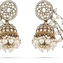 rubans 18K Gold-Plated Kundan & Zirconia Kan Chain Jhumka Earrings with White Pearl Beads-picture-52