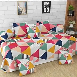 Floral Print Diwan Set, Multi-Color Flower Cushion and Bolster Covers, Pink, 8 Pieces (3D)-picture-24
