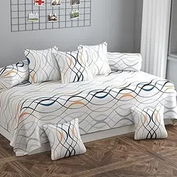 DWORTH Premium Glace Cotton Floral Printed Diwan Set Covers 8 Pieces - 1 Single Bedsheet with 5 Cushion Covers, 2 Bolster Covers | Pink & White (White)-image-39