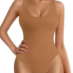 mangopop Women's Scoop Neck Ribbed Racerback Tank Top Bodysuits (Khaki, Medium)-picture-45