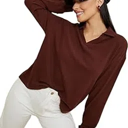 styli Women’s V-Neck Collared T-Shirt | Long Sleeve Brushed Rib Polo in Soft Ribbed Viscose Blend | Relaxed Fit Solid Design Casual Wear for Women & Girls-picture-31