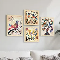 ArtX Paper Madhubani Birds Paintings with Frame for Home Decor, Wall Painting for Living Room, Multicolor, Natural Wood Color Frames, Set of 4-picture-24
