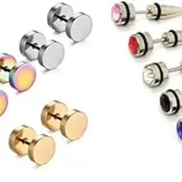 karishma kreations Valentine jewellery Stainless Steel Mens Earrings Combo Black Gold Silver Piercing Screw Bali Stud Hoops Earing Multicolor Earrings Combo for men boys Unisex-picture-35