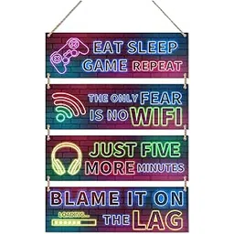 AanganAura 4 Pieces Video Game Wall Art Gamer Hanging Plaques, Neon Gaming Theme Wood Sign Wall Decor For Playroom, Boys, Teenagers, Kids Bedroom Decorations-image-36