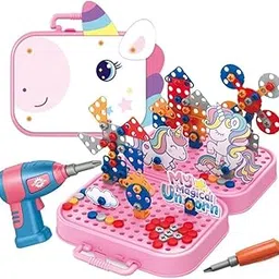 Toy Hues DIY Electric Drill Screw Tool Set-Mosaic Puzzle 228pcs- 3D STEM Educational kit for Kids Construction and Building Block Kit (Unicorn Design) image 1
