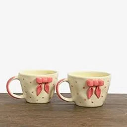 Swarnkarnika Ceramic Coffee Mugs with Pink Bow Design, White and Pink Polka Dot Pattern, Handcrafted Cup Set, 2 Pieces image 1