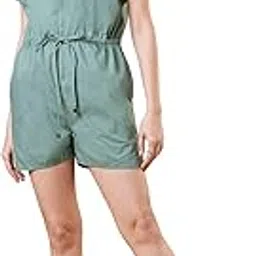 Women Olive Shirt Collar Big Button Closure Military Style Playsuit-image-21