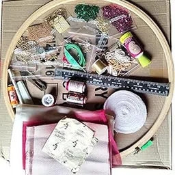 Aari Work Beginners Kit – with 18-Inch Stand and Wrapped Frame (45 Items) Embroidery Frame,maggam Work and Wooden Hoop 18" zari Thread Gold,Silver,Multicolor and Other Combo Items-image-52