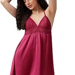 Women's Satin& Lace Padded Cups Babydoll with Adjustable Straps in Pink-image-23