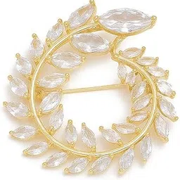 Crystal Leaf Wreath Brooch Pin, Gold Plated, Clear Cubic Zirconia Stones, Elegant Wedding Party Fashion Accessory-picture-28