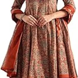 Women's Cotton Kalamkari Print Anarkali Regular Fit Kurta with Pant & Dupatta-image-0