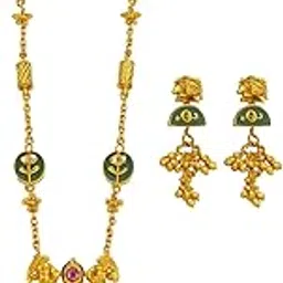 Temple Jewellery Set for Women | Antique Necklace with Matching Earrings | Enamel Detailing & Kundan Stones-picture-39