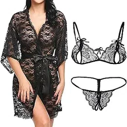 evliana Women Net Solid Above The Knee Night Wear with Lingerie Set-picture-23