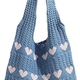 zibuyu Crochet Heart Tote Bag for Women and Girls Y2K Aesthetic Knit Bag with Plush Charm Soft Spacious Hippie Beach Bag Cream with Red Hearts Ideal for Work School and Casual-picture-26