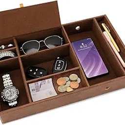 GIFTONVY PU Leather Night Table & Desk Organiser Men's Accessories System Desk Shelf with 6 Compartments for Wallet, Phone, Jewellery, Money, Cufflinks & Keys Storage-picture-24
