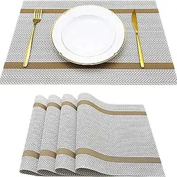 daiDokoro Rectangular Crossweave Woven PVC Vinyl Non-Slip Insulation Heat-Resistant & Waterproof Stain Resistant Washable Placemat for Dining & Kitchen Table-(Beige & Gold,Set of 4)-image-10