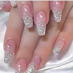 Set Of 14 Pc, Press On Nails, Long Coffin Pink Base with Silver Glitter Tips, With Free Glue Kit-image-96