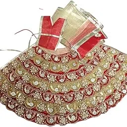 Traditional Red and Gold Sequined Lehenga Skirt with Pearl Embellishments, Scalloped Border-picture-54