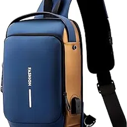 wishkey Anti-Theft Sling Bag, Waterproof Crossbody Backpack with USB Port, Slim Unisex Sling Bag for, Messenger Bags, Casual Shoulder Bag(33 x 21x 7 cm)-Blue&Golden-picture-46