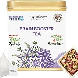 Tifusion Brain Booster Tea with Brahmi, Ashwagandha, Shankhapushpi, Rosemary, Jasmine | Whole Loose Leaves Tea for Memory, Clarity, Retention Power | 30 Tea Bags, 30 Serving Cups image 1