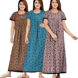 xakalaka Women’s Cotton Printed Maxi Nighty (Pack of 3) – Ankle-Length Free Size Night Dress Gowns | Soft & Breathable Sleepwear for Women | Comfortable Loungewear for Daily Use-picture-14