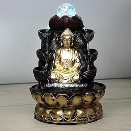 Decor Bazar Polyresin Table Top Indoor Outdoor Water Fall Fountain with Crystal Ball & LED Lights for Home Decor, Decoration Gift, Gifting Items (Buddha)-image-2