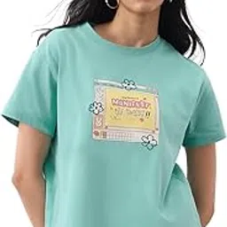 the souled store Affirmation Women and Girls Short Sleeves Round Neck Blue Graphic Printed Cotton Relaxed Fit Lightweight Casual Streetwear T-Shirt-picture-53