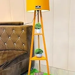 Wooden Shelf Floor Lamp for Living Room – Modern Triangular Standing Lamp with Storage Shelves, E27 Base, Warm White LED Bulb Included, Home Decoration Lighting (Yellow)-picture-19
