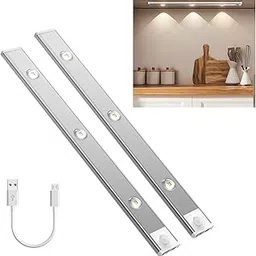 NIRDAMBHAY Motion Sensor Under Cabinet LED, 40 cm,1200mAh Battery,3 Color Modes, Dimmable USB Rechargeable Closet Lamp, Wireless Stick-On for Wardrobe, Kitchen, (2 Pcs White Cabinet Light, 40 CM) image 1
