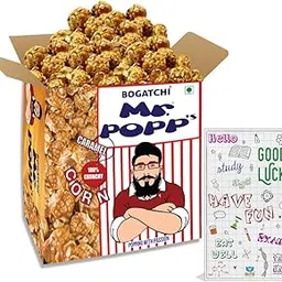 BOGATCHI Mr.POPP's Caramel Popcorn, 100% Crunchy Mushroom Popped Kernels, Handcrafted Gourmet Popcorn, Best Exam Time Gift, 375g + Free Exam Time Greeting Card image 1