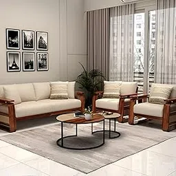 Kunjal Furniture Solid sheesham Wood 5 Seater Sofa for Living and Office - Sofa with White Cousins seat - Cozy Lounge Chair Handcrafed Furniture (Natural Finish) image 1