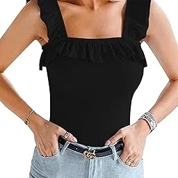 Womens Square Neck Ruffle Strap Ribbed Tanks Tops Bodysuits, A Sleeveless Black, Large-image-8
