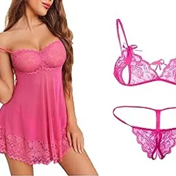 ssoshhub Lace Babydoll Lingerie Sexy Mini Chemise Mesh Wedding Nightie Bridal Nightdress with Bikini-picture-32