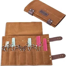 Hair Stylist Scissor Holder Pouch Cases for Hairdressers, Real Leather Scissor Roll Up Bag, Salon Tools Organizer for Barber Hairdresser (V-001-Brown)-picture-41