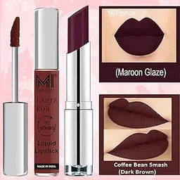 MI Fashion Made in India Lipstick Combo Offers 100% Veg Long Lasting - Dark Brown Liquid Matte Lipstick, Maroon Rebel Creamy Matte Lipstick-picture-38