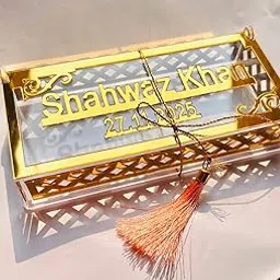 Personalized Gold Metallic Money Gift Envelope Box with Decorative Lattice Pattern, Red Tassel-picture-25