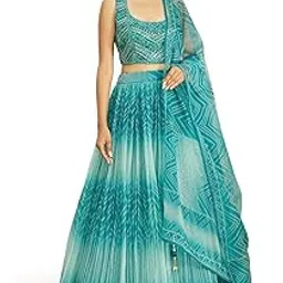 zeel clothing Women's Organza Embroidered Mirror Work Semi-stitched Lehenga Choli with Dupatta (119-Blue-Wedding-Bridal-Latest-New; Free Size; Blue) image 1