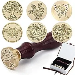 GOODIEBOX Wax Seal Stamp Set 5 Pieces Sealing Wax Stamps Copper Seals + Wooden Hilt, Vintage Classical Initial Seal Wax Stamp Kit with Gift Box (Sunflower+Tree of Life+Bee+Rosemary+Butterfly)-image-1