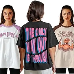juneberry 100% Pure Cotton Oversized Loose Fit Boyfriend Half Sleeve Cool Front & Back Graphic Printed Round Neck T-Shirt Combo for Women (Pack of 3)-picture-25