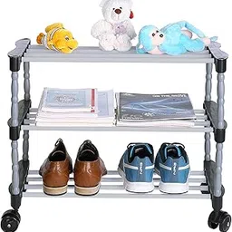 FLIPZON Multipurpose Metal, Plastic Smart Shoe Rack with Wheels | Multiuse Portable Wide Shelve Storage Rack for Kitchen, Cloth with Wheels (3 Shelves) (Need to Be Assemble - DIY-DO-IT-Yourself)-image-5