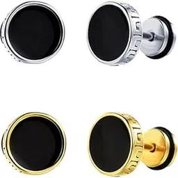 Valentine jewellery Stainless Steel Mens Earrings Om Black Gold Silver Piercing Screw Bali Stud Hoops Earing Multicolor Earrings Combo for men boys Unisex-image-92