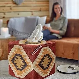 Handicraft Bazarr Handmade Vintage Kilim Jute Pouf Cover Footstool Decorative Kilim Sitting Wool Jute Pouf Cover Living Room Decor Pouf Case (Red)-picture-70