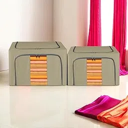 Kuber Industries Pack of 2 Clothes Storage Box | 24 Ltr Small and 66 Ltr Large | Waterproof Storage Box for Blankets | Underbed Storage Bag | Parachute Steel Frame Wardrobe Organizer | Brown-image-40