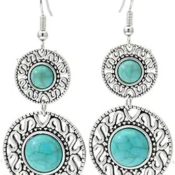 young & forever Gift Oxidised Sterling Silver Black Metal Fashion Korean Western Drop Earrings for Women Fashion Birthday Marriage Anniversary Gift Earing for Wife Blue Turquoise Stone Statement Girls-picture-36