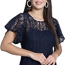 dressitude Women's Self Design Round Neck Flared Sleeve Lace Top (Color: Navy Blue)-picture-33