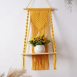 Macrame Wall Hanging Shelf with Heart Design, Yellow Cotton Rope, Wooden Display Rack, Decorative Plant Holder-picture-14