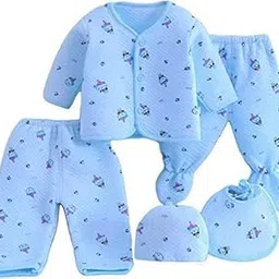 New Born Baby Winter Wear Keep warm Cartoon Printing Baby Clothes Cotton Baby Boys Girls Unisex Baby Fleece/Falalen Suit Infant Clothes 5 Pcs Sets Blue For 0-3 Months-image-0